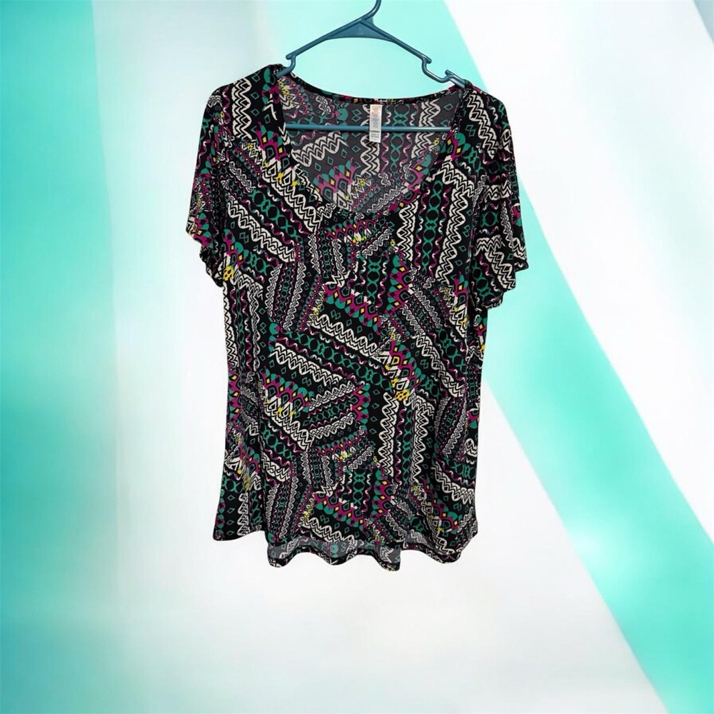 LuLaRoe Classic Tee Top Large Black Teal Pink Aztec Print